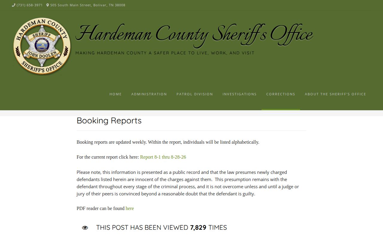 Hardeman County official booking reports page for recent booking records