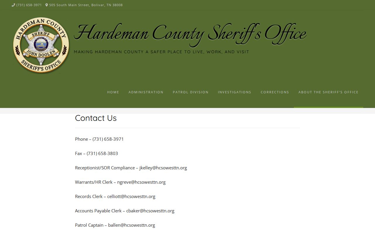 Hardeman County Sheriff booking and records contact page