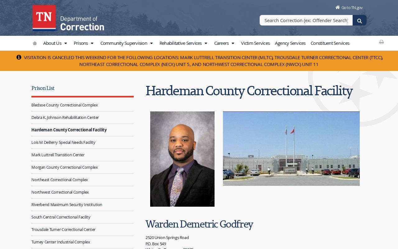 Tennessee Department of Correction Hardeman County Correctional Facility official webpage